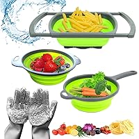 Collapsible Colander- Set of 3 Silicone Kitchen Strainers with Gloves- Dishwasher Safe, Foldable colanders with Extendable handles - Perfect for Draining Pastas, Fruits, Vegetables and salads.