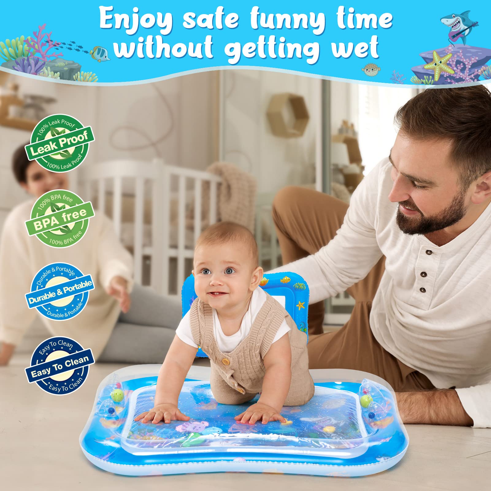 RONIPIC Tummy Time Water Mat with Mirror and Rattles,XL Inflatable Water Mat for Babies Infants Toddlers, The Perfect Fun Time Play Activity Center Teething Toys for 3 6 9 12 Month Baby Boy Girl