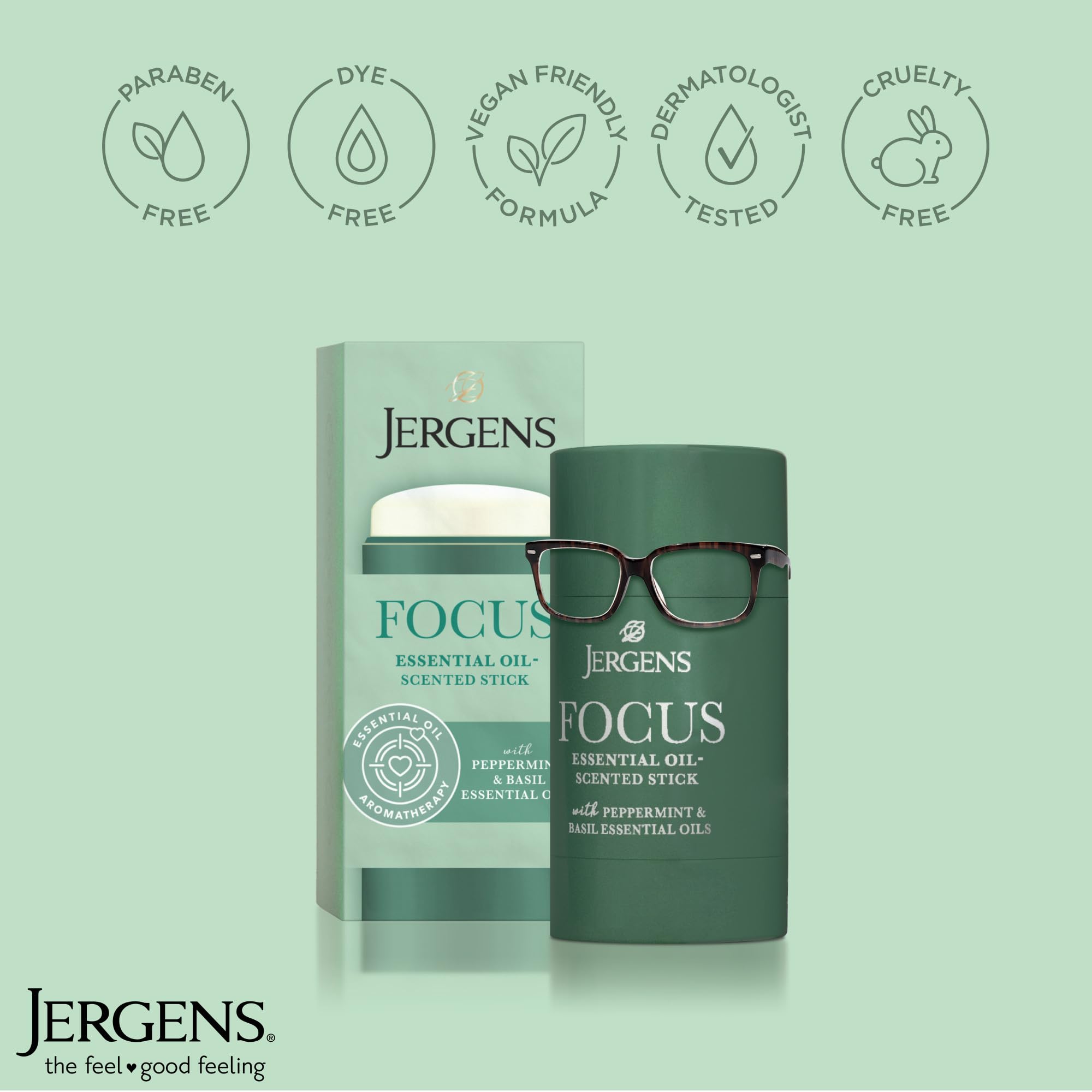 Jergens Focus Essential Oil-Scented Stick, Aromatherapy stick crafted with Peppermint and Basil Essential Oils, 0.9 Oz