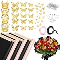 Tetutor 40 Sheets Waterproof Flower Wrapping Paper,Bouquet Wrapping Paper Sheets, Floral Wrapping Paper Bouquet With Ribbons Flower Pins 3d Butterflies and Crowns for Florist Wrap Back Pink