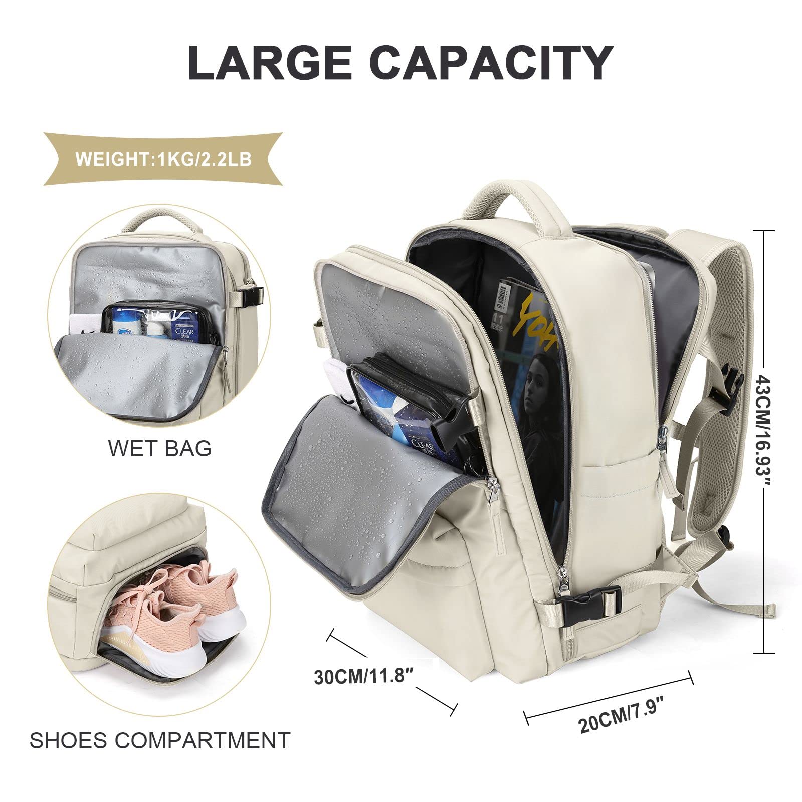 Large Travel Backpack Women, Carry On Backpack,Hiking Backpack Waterproof Outdoor Sports Rucksack Casual Daypack Fit 14 Inch Laptop with USB Charging Port Shoes Compartment, Beige