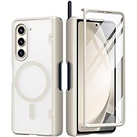 MOBOSI for Z Fold 5 Case Magnetic Hinge Coverage Protection, [Fold 5 Edition S Pen Holder], Compatible with Magsafe, Front Screen Protector Full Body Phone Case for Samsung Galaxy Z Fold 5, Beige