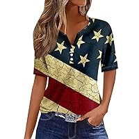 Women's American Flag Shirt,Independence Day Shirts for Women Short Sleeve V Neck Button Tops USA Flag Stars Stripes Print Patriotic Blouse 4th of July T Shirt American Flag V-Neck for Women