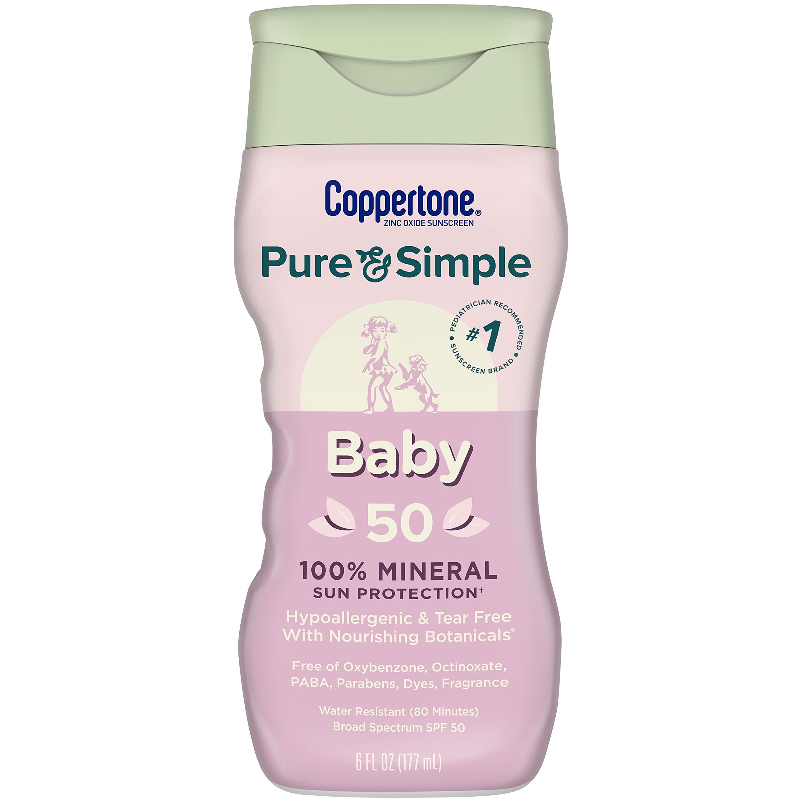Coppertone Pure and Simple Sunscreen SPF 50 Lotion with Zinc Oxide Mineral for Babies, Tear Free, Water Resistant, Broad Spectrum, 6 Fl Oz Bottle (Pack of 18)