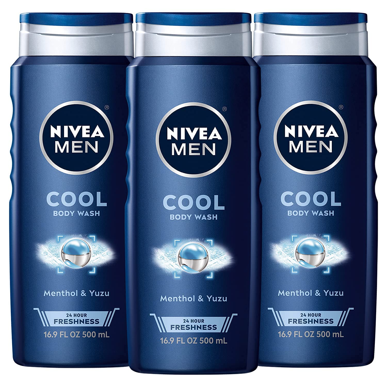 Nivea Men Cool Body Wash with Icy Menthol, 3 Pack of 16.9 Fl Oz Bottles