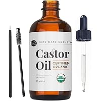 Kate Blanc Cosmetics Castor Oil (2oz), USDA Certified Organic, 100% Pure, Cold Pressed, Hexane Free. Stimulate Growth for Eyelashes, Eyebrows, Hair. Skin Moisturizer & Hair Treatment Starter Kit