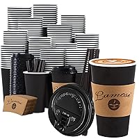 Lamosi 16OZ Coffee Cups, 16 Ounce To Go Cups with Lids, Stir Sticks and Sleeves, 16 Ounce Disposable Coffee Cups, 16 Ounce Black Hot Paper Cups for Home, Travel, Office (16OZ, 60 Pack)