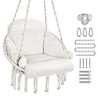 Hammock Chair, Macrame Hanging Swing Chair with Large Padded Cushion and Hardware Kits, Max 250 Lbs, Hanging Cotton Rope Chair for Indoor, Outdoor, Bedroom, Patio, Porch, Garden (Beige)