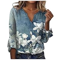 Womens Blouse, Womens Dressy Tops Shirts Casual 3/4 Sleeve Blouses and Women Spring 3/4 Sleeve Top Fashion Dressy Floral Print V Neck Bell Shirt Blouse Holiday Shirts Womens Blouses (2-Blue,L)