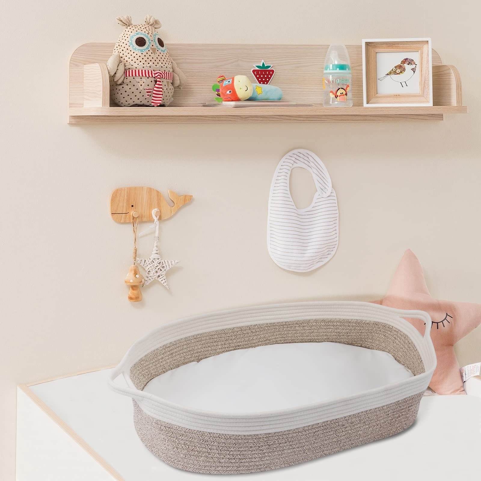 Baby Changing Basket - Moses Basket Boho Nursery Decor Cotton Rope Changing Table Topper with Thick Cotton Foam Pad and Removable Waterproof Bamboo Mattress Cover