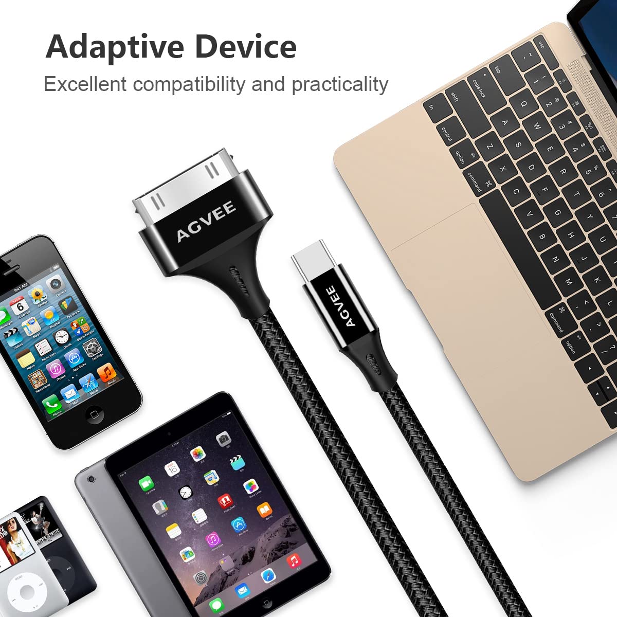 AGVEE 2 Pack 6ft USB-C to 30 Pin Cable for Old iPhone 4/4S iPad 1/2/3 iPod, Braided Metal Shell Type-C to 30Pin Adapter Charging Charger Data Cord, Black