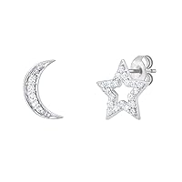 Dazzlingrock Collection Round White Diamond Moon & Star Stud Earrings for Women (0.14 ctw, Color I-J, Clarity I1-I3) in Gold