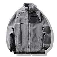 Mens Sherpa Jackets Stand Collar Full Zip Outerwear Casual Winter Warm Coats Loose Colorblock Fleece Jacket Coat Tops