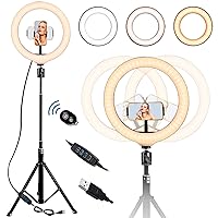 GLISTON 10'' Selfie Ring Light with Tripod Stand, LED Circle Light with Adjustable Cell Phone Holder, Dimmable Ringlight for Live Stream/Makeup/YouTube Video/TikTok, Compatible with iPhone/Android