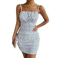 Dresses for Women Sleeveless Summer 2022 Floral Ruched Bodycon Mini Dress (Color : Blue and White, Size : X-Small)