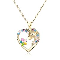Unicorn Gifts for Girls 14K Gold Plated CZ Initial Letter Unicorn Necklace Rainbow Unicorn Heart Pendant Necklaces Birthday Gifts for Daughter