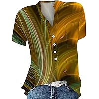 Women's Summer Tops 2024 Trendy Casual Printed V-Neck Short Sleeved Shirt Pullover Loose Blouse Tops, S-3XL