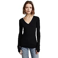 Enza Costa Women’s Cashmere Blend Cuffed V-Neck Top with Thumbholes