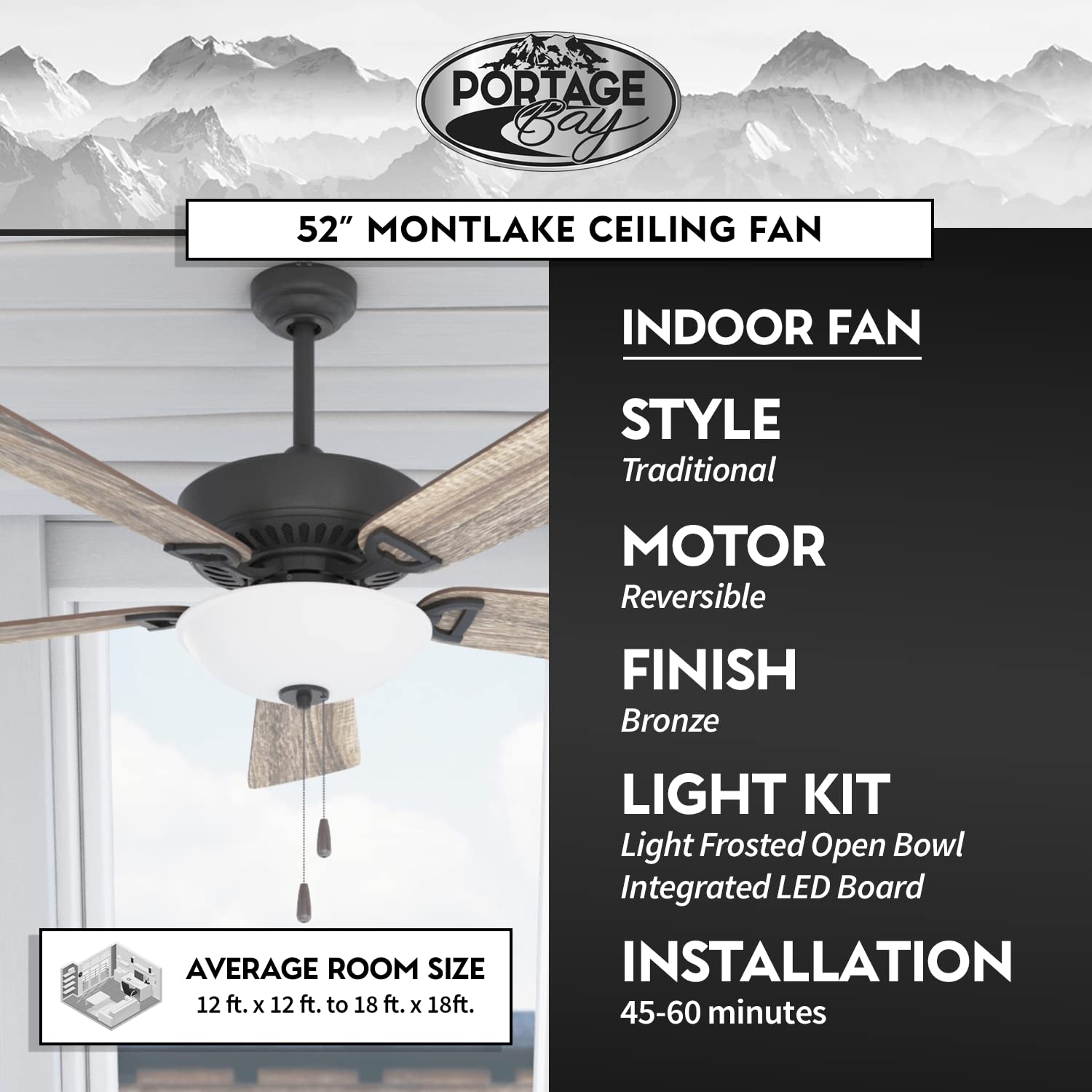 Portage Bay 51446 Montlake Ceiling Fan, 52, Bronze