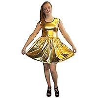 Insanity Gold Metallic Wet Look Rockabilly Swing Sleeveless Gathered Dress