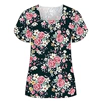 Womens Vintage Floral Tunic Tops Petal Short Sleeve Square Neck Blouses Summer Casual Loose Fit Comfy Shirts for Leggings