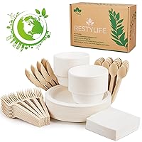 300pcs Compostable Paper Plates Set - Heavy-Duty Biodegradable Plates, Bowls & Cutlery - Ideal for Parties, Weddings, Picnics, Camping - Eco-friendly, Safe, BPA Free, Microwave Safe