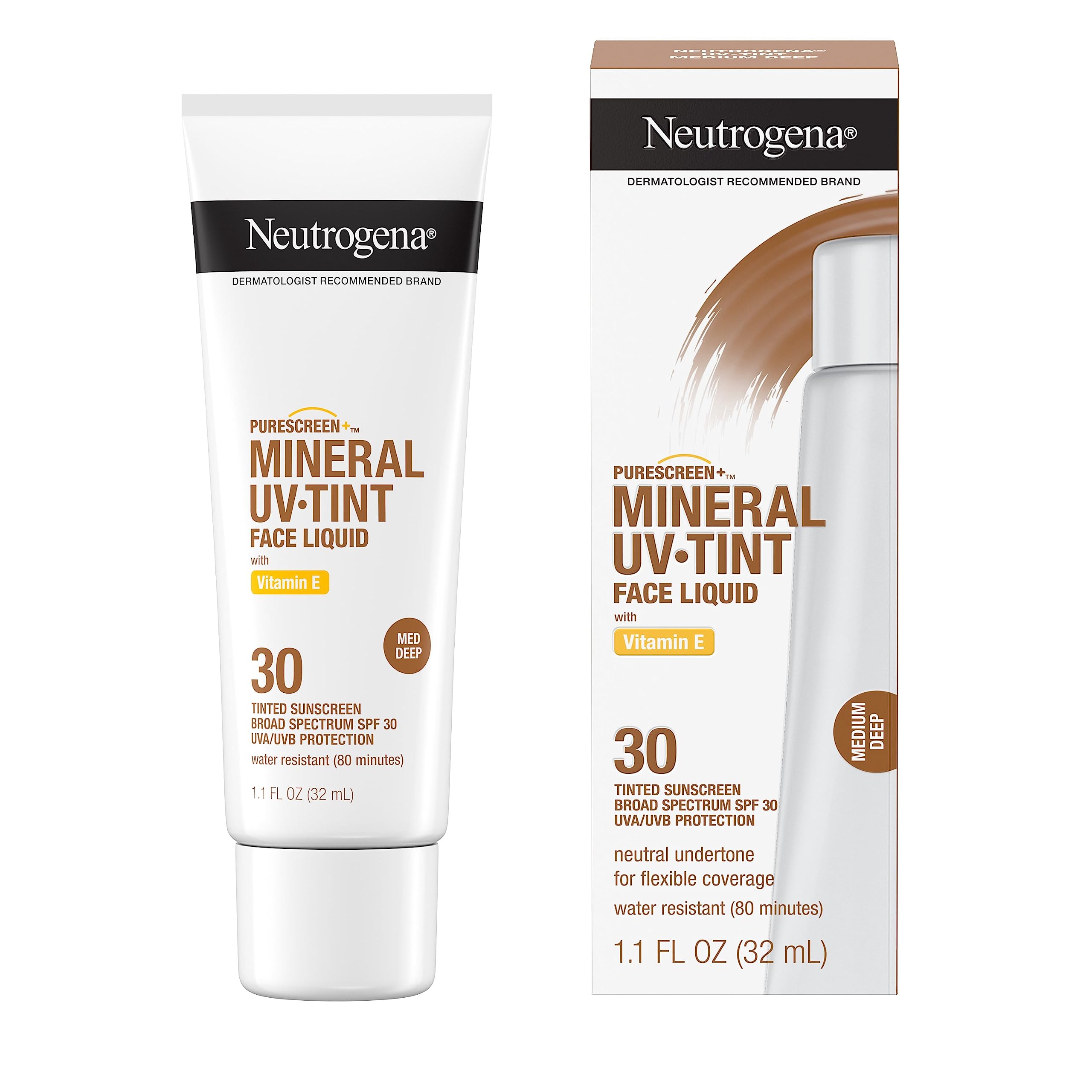 Neutrogena Purescreen+ Tinted Sunscreen for Face with SPF 30, Broad Spectrum Mineral Sunscreen with Zinc Oxide and Vitamin E, Water Resistant, Fragrance Free, Medium Deep, 1.1 fl oz
