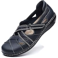 Women's Classic Genuine Leather Casual Loafer Slip-On Fashion Closed Toe Flat Sandals Comfy Work Sandals Everyday Walking Shoes