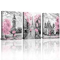 CANVASZON Black and White Canvas Wall Art for Living Room Bedroom Bathroom Girls Pink Paris Theme Room Decor Oil Painting Print London Big Ben Tower Eiffel Painting for Wall Decor Pink