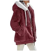 2023 Coats for Women Fuzzy Zip Up Hoodies Color Block Sweaters Sherpa Jackets Winter Warm Outwear with Pockets
