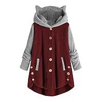 RMXEi winter jacket for women Womens Fashion Button Hooded Cat Ears Plush Irregular Color Matching Pocket Coat