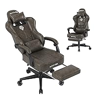 Gaming Chair, Ergonomic Gaming Chair with Footrest, Video Computer Chair with Headrest Lumbar Support, PU Leather Office Chair Height Adjustable 360° Swivel Game Chair for Adults-Brown