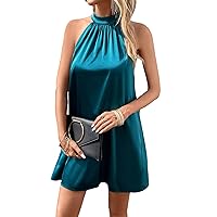 Verdusa Women's Halter Neck Sleeveless A Line Satin Short Tunic Dress Casual Loose Dress