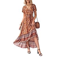 PRETTYGARDEN Womens Casual Short Sleeve V Neck Floral Maxi Dress Boho Beach Irregular Sun Dress Flowy Tie Long Dresses