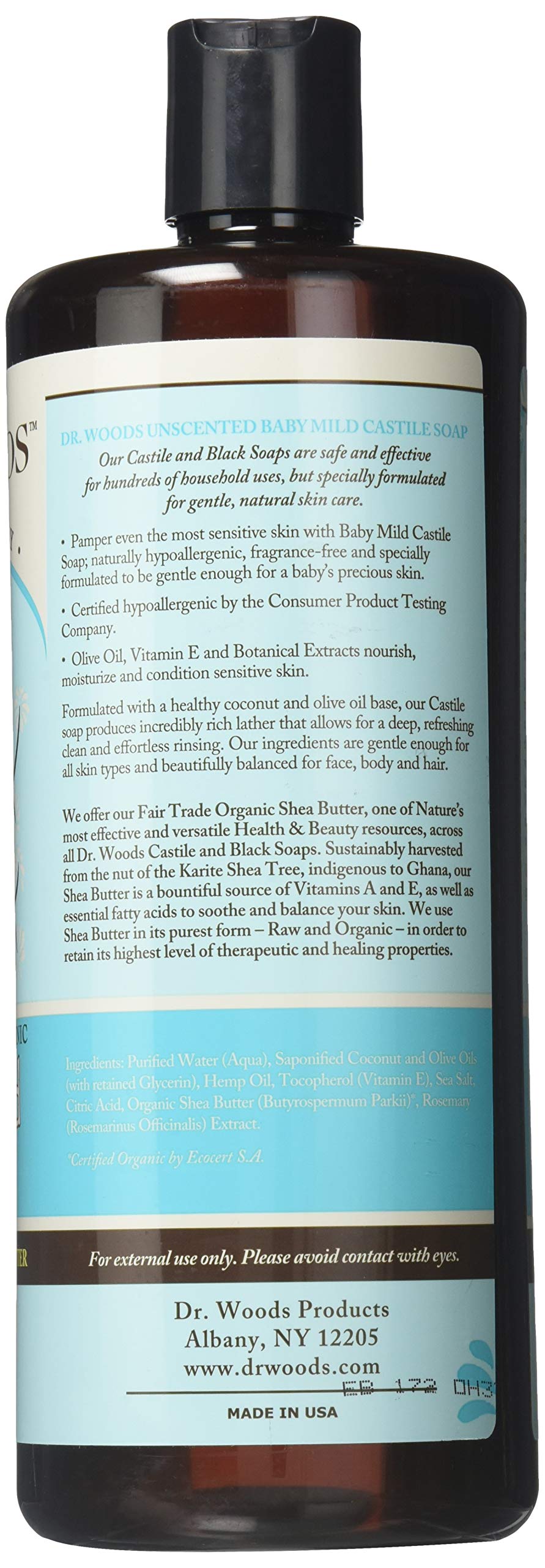 Dr. Woods Unscented Baby Mild Liquid Castile Soap with Organic Shea Butter, 32 Ounce