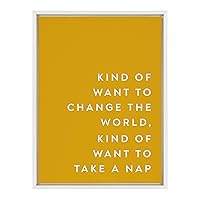 Kate and Laurel Sylvie Change The World Nap Framed Canvas Wall Art by Apricot and Birch, 18x24 White, Humorous Motivational Art for Wall