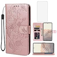 for Pixel 6 Case, Google 6 GB7N6 Wallet Case with Tempered Glass Screen Protector, Flower Leather Flip Protective Case Credit Card Holder Stand Phone Cover for Google Pixel 6 Rose Gold