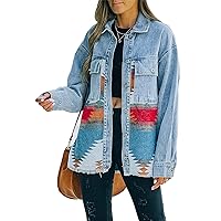 Womens Aztec Print Shacket Jacket Western Long Sleeve Button Down Lightweight Casual Lapel Shirt Blouses Tops