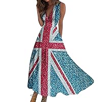 American Flag Dresses for Women 4th of July Casual Printed V-Neck Pullover Sleeveless Waist Dress