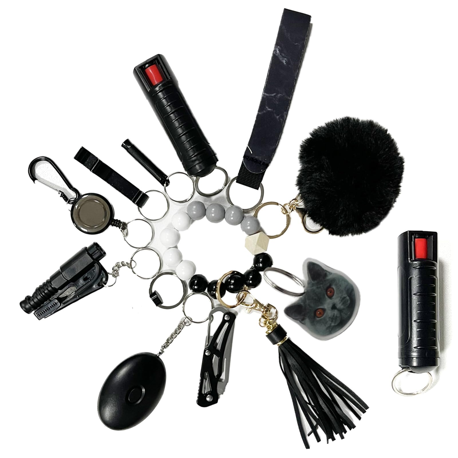 Black Keychains Set for Woman with Personal Safety Alarm, Pom Pom and Lip Balm Lanyard Wirstlet