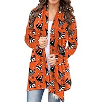 Womens Cardigan Sweaters Pumpkin Cat Print Long Sleeve Open Front Plus Size Sweater Coat Top Oversized Knit Halloween