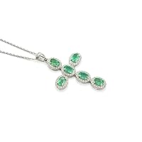 Natural 6X4 MM Oval Cut Zambian Emerald Gemstone 925 Sterling Silver Holy Cross Pendant Necklace May Birthstone Emerald Jewelry Bridal Necklace Wedding Gift (PD-8448)