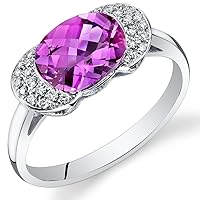 PEORA 14K White Gold 2.53 Carats Created Pink Sapphire with Genuine Diamond Ring, AAA Grade Oval Shape 9x7mm, Comfort Fit