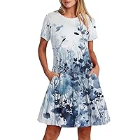 Boho Mini Dress for Women Casual Crewneck Short Sleeve Floral Print Flowy Pleated Loose Dresses with Pockets