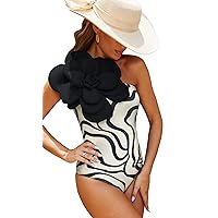 SPORLIKE Women One Piece Swimsuit 3D Flower One Shoulder Bathing Suit Padded Monokini