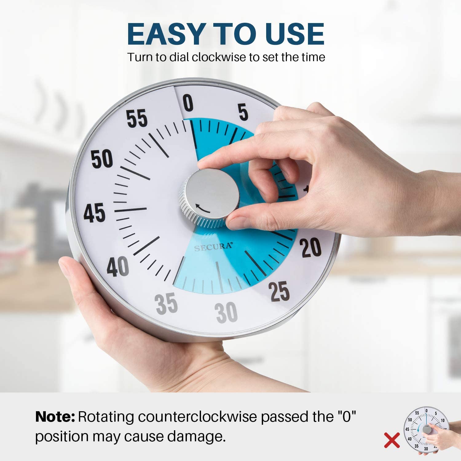 Secura 7.5-Inch Oversize Visual Countdown Timer, 60-Minute Kitchen Timer | Time Management Tool for Kids, Teachers and Adults (Blue)