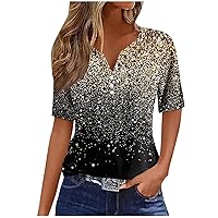 Sequin Tops for Women Short Sleeve V Neck Tunics Summer Casual T Shirt Fashion Glitter Print Button Blouses Basic Pullover