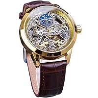 FORSINING Men's Skeleton Moon Phase Watch Mechanical Self-Winding Tourbillon Dual Time Zone Watches Automatic Luxury Leather Strap Large Dial Wrist Watch