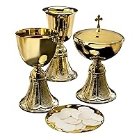 Chalice, Paten, Ciborium, and Common Cup Set, Brass and 24kt Gold Plated Footed Cup, Perfect for Reverent Communion Services, 3.75 Inch Diameter
