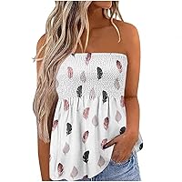 Womens Tie Dye Smocked Bandeau Summer Cute Babydoll Strapless Shirts Fashion Casual Loose Fit Pleated Tube Tops